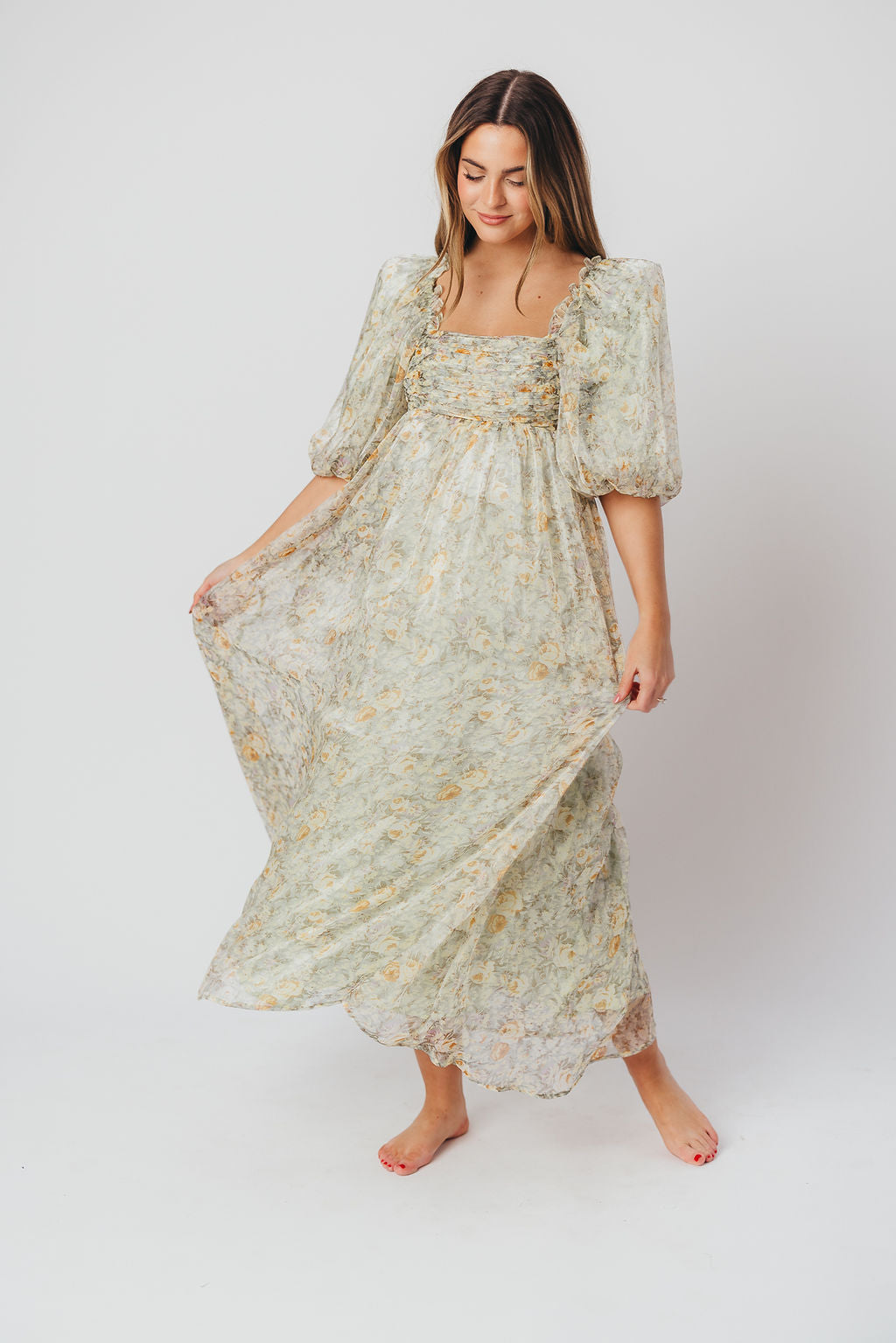Melody maxi dress med læg og sløjfedetalje i sage floral - bump friendly & Inclusive sizing (S-3XL)