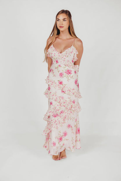 Amelia ruffle maxi dress i elfenben/pink floral