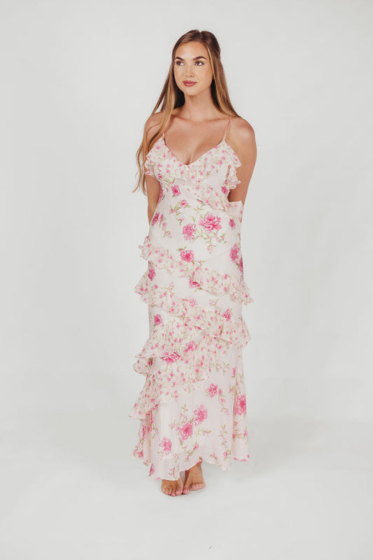 Amelia ruffle maxi dress i elfenben/pink floral