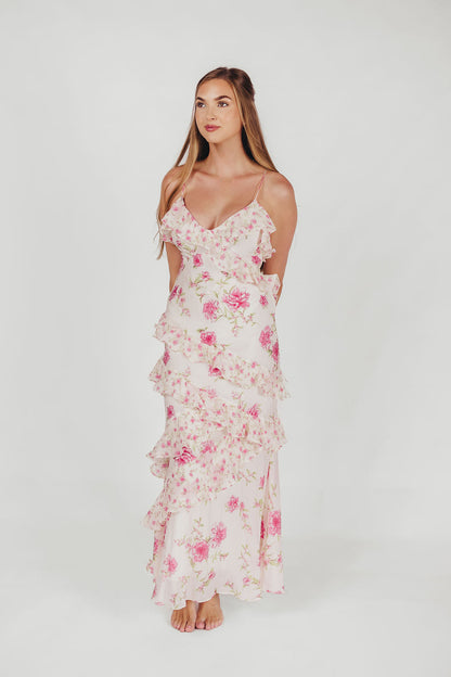 Amelia ruffle maxi dress i elfenben/pink floral