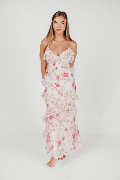 Amelia ruffle maxi dress i elfenben/pink floral