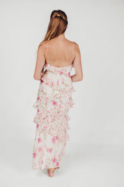 Amelia ruffle maxi dress i elfenben/pink floral