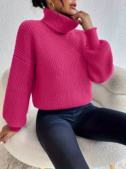 Chic sweater med drop shoulder, lanterneærmer og rullekrave