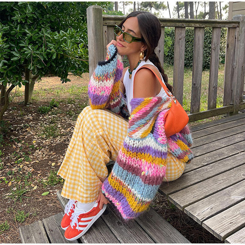 Emily plaid cardigan med regnbuestriber