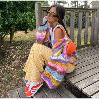 Emily plaid cardigan med regnbuestriber
