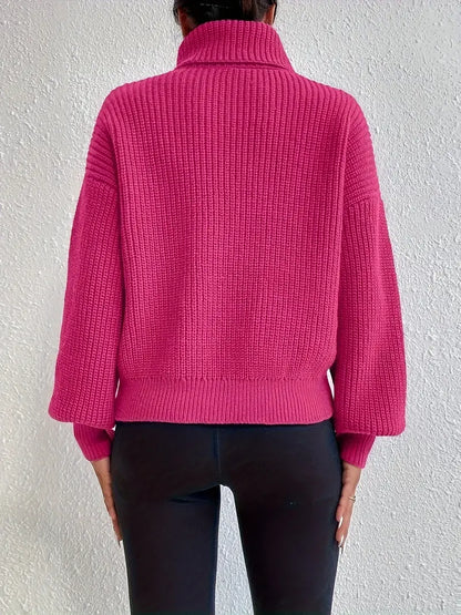 Chic sweater med drop shoulder, lanterneærmer og rullekrave