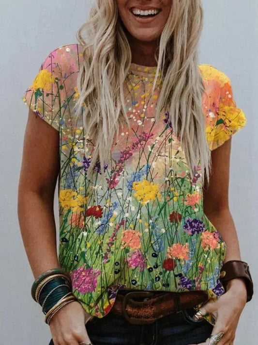 Behagelig t-shirt med blomsterkunstmaling