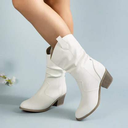 PU læder anti-slip lavhælede cowboystøvler til kvinder - Abrela