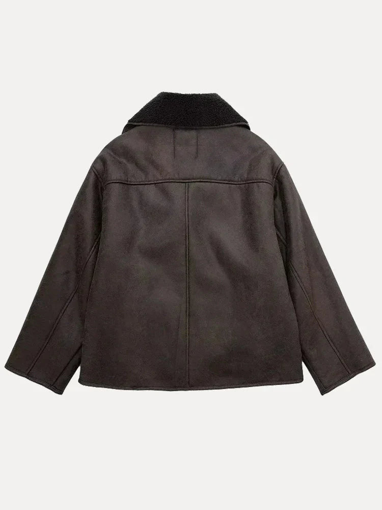 Oversized damefrakke i læder med pels