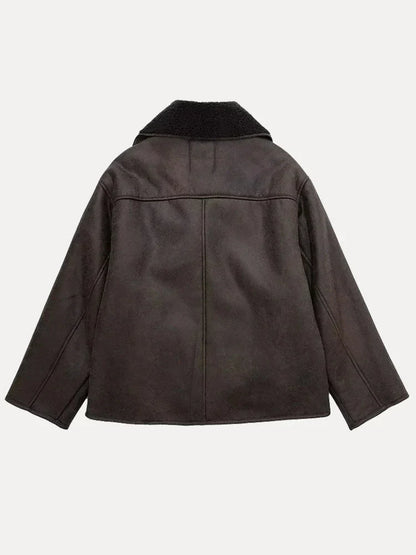 Oversized damefrakke i læder med pels
