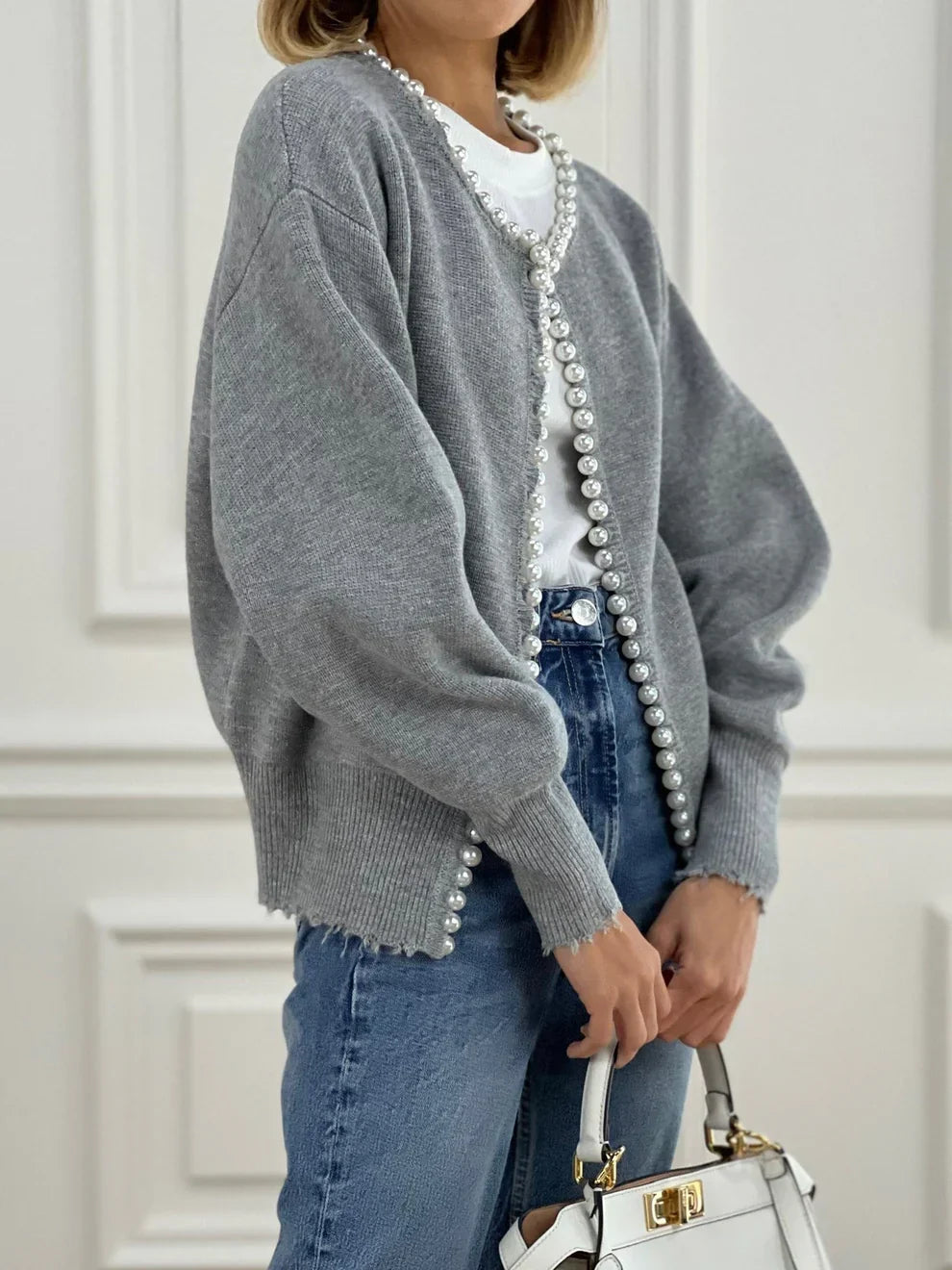 Vivien strikcardigan med perle- og frynsedetaljer – dame