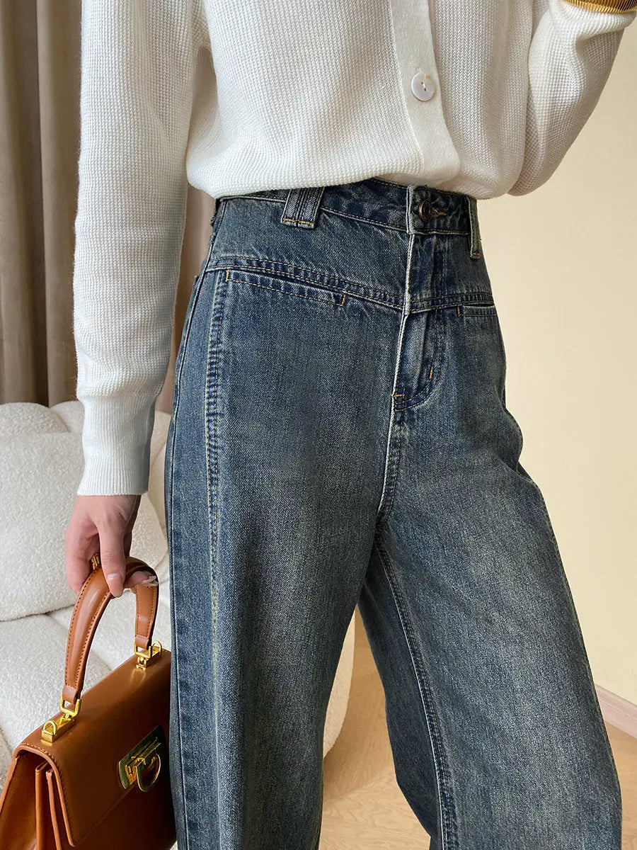 Vintage denimjeans med vide ben og knapgylp – dame
