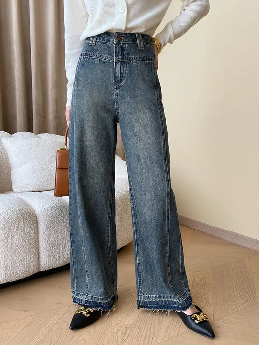 Vintage denimjeans med vide ben og knapgylp – dame