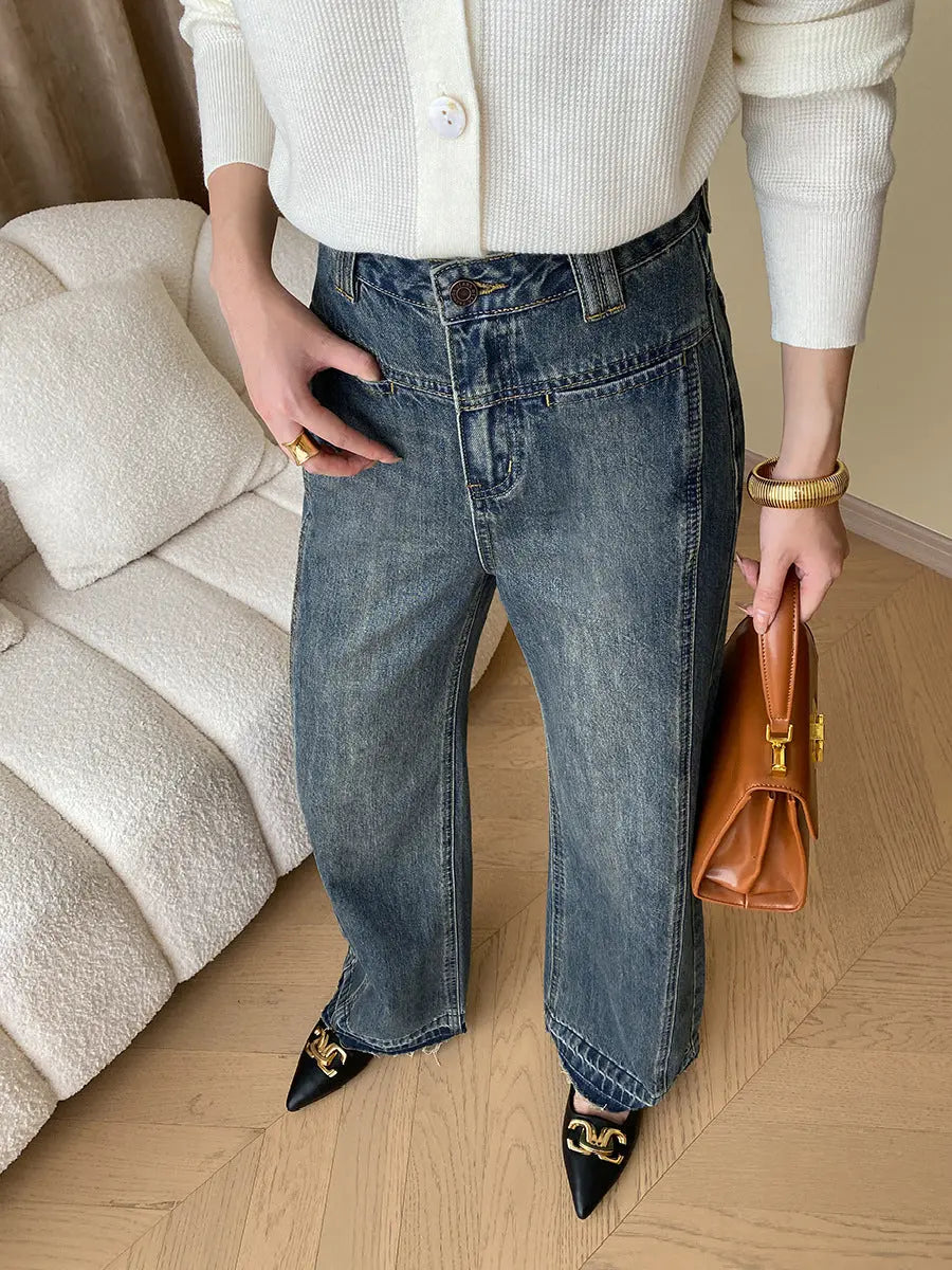 Vintage denimjeans med vide ben og knapgylp – dame