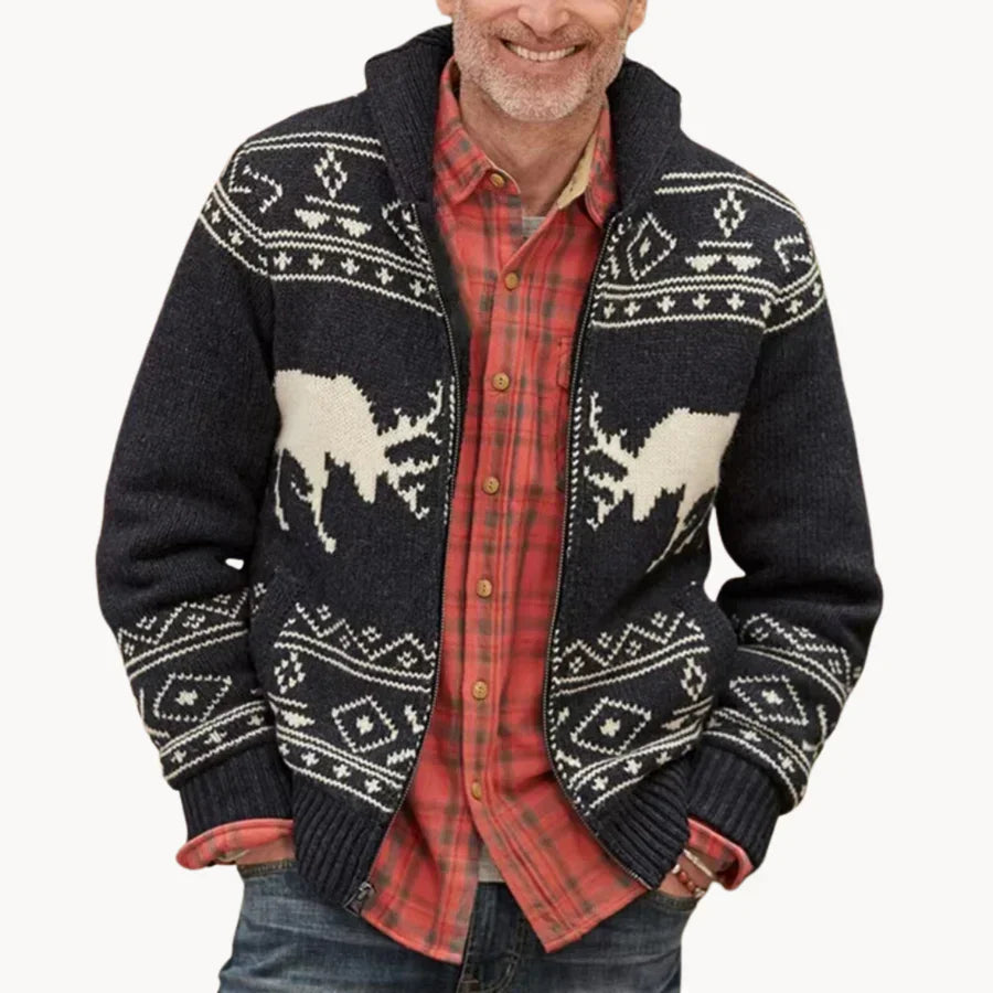 Mountridge - hyggelig herresweaterjakke i patchworkdesign med rensdyrmotiv