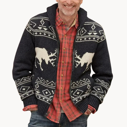 Mountridge - hyggelig herresweaterjakke i patchworkdesign med rensdyrmotiv