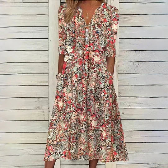 Beige blomstret midikjole - Hannah