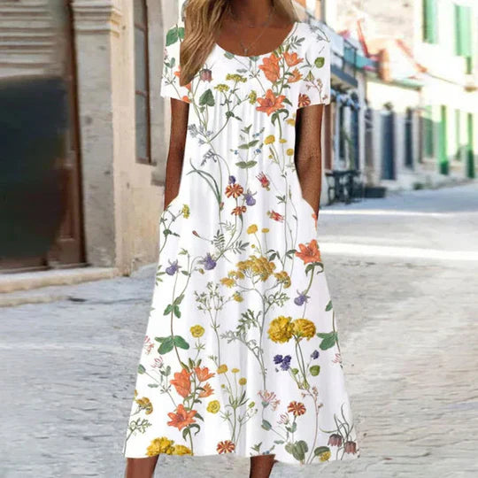 Charlotte - blomstret midi sommerkjole til kvinder