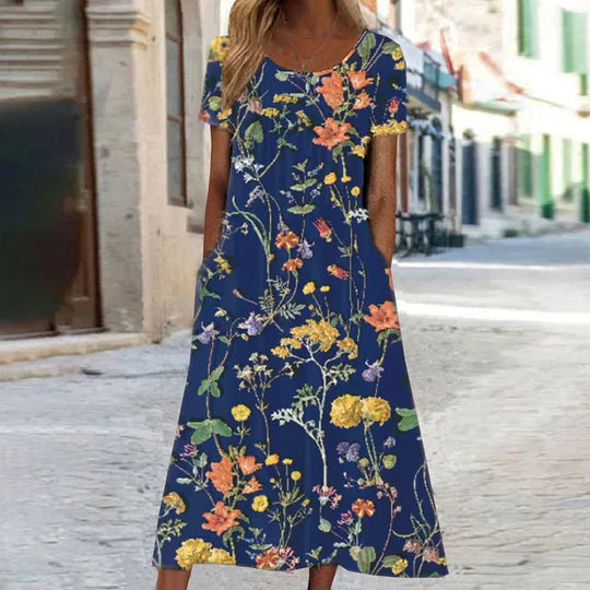 Charlotte - blomstret midi sommerkjole til kvinder