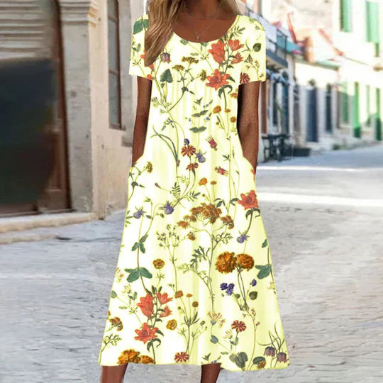 Charlotte - blomstret midi sommerkjole til kvinder