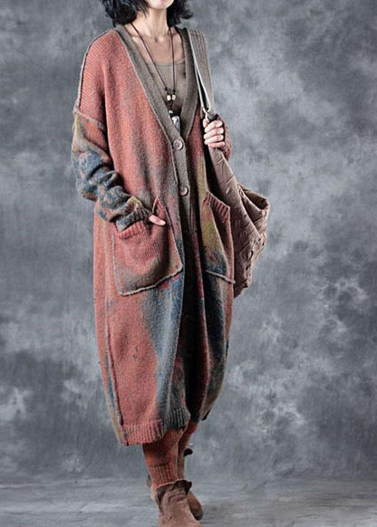 Boho orange v-hals lommer efterår knap strik sweater cardigans
