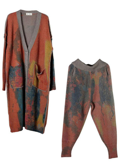 Boho orange v-hals lommer efterår knap strik sweater cardigans