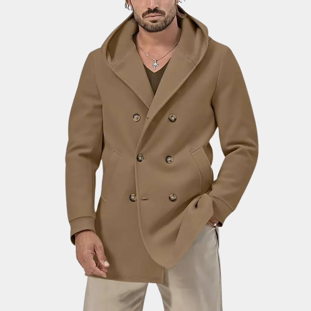 Stilfuld trenchcoat til mænd med en praktisk hætte for et afslappet look