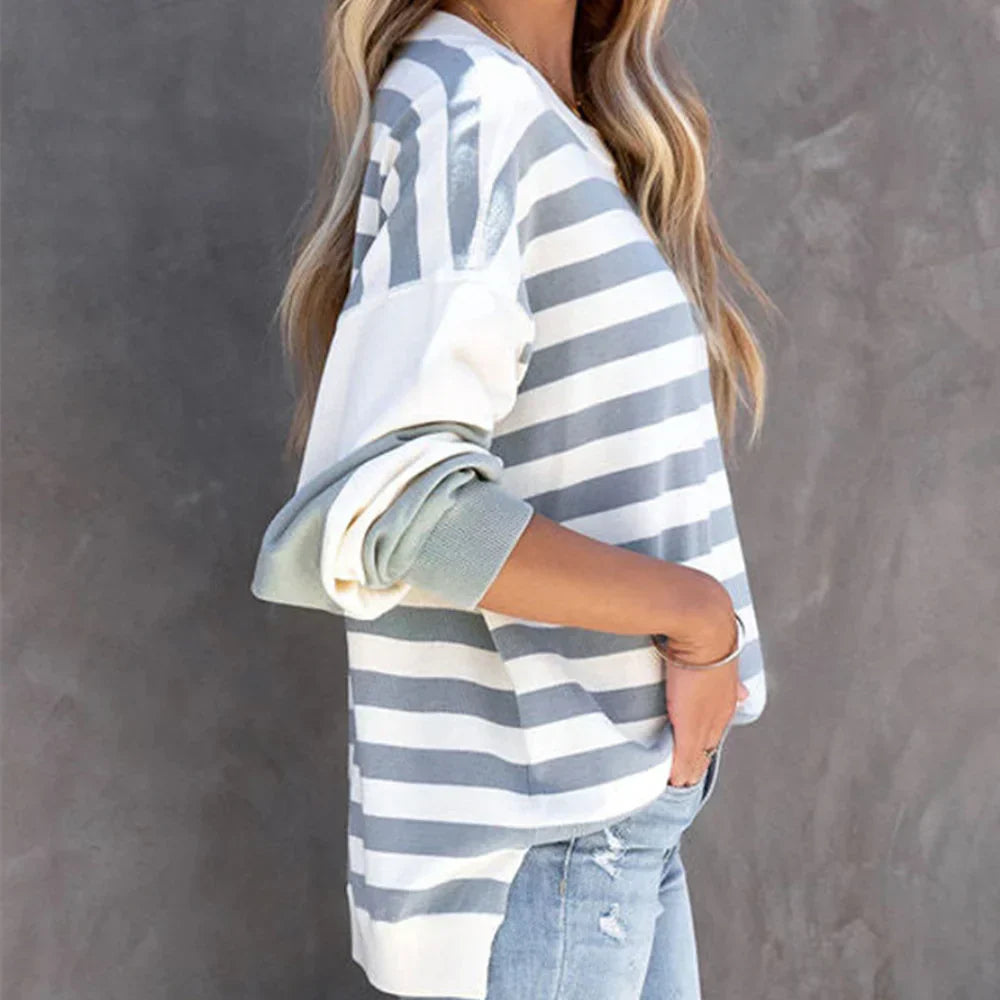 Safran – stribet sweater med faldede skuldre til kvinder
