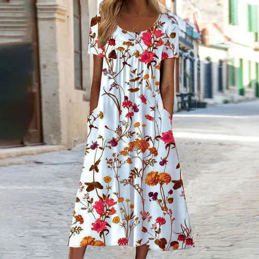 Charlotte - blomstret midi sommerkjole til kvinder