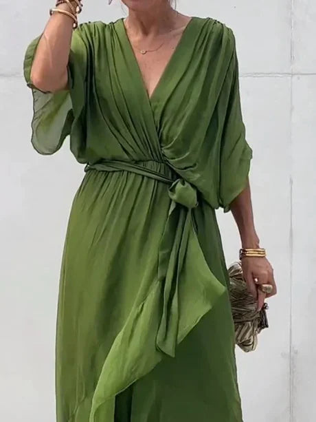 Fiona - grøn v-hals chiffon midikjole