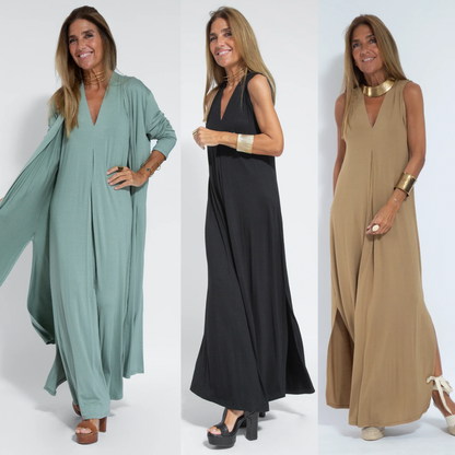 Ayania - langes schlankmachendes kleid und weste im set