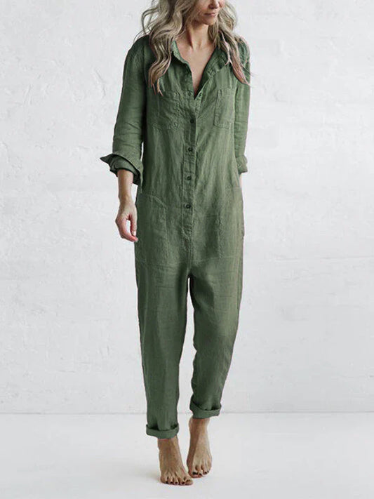 Afslappet langærmet jumpsuit med knappede revers