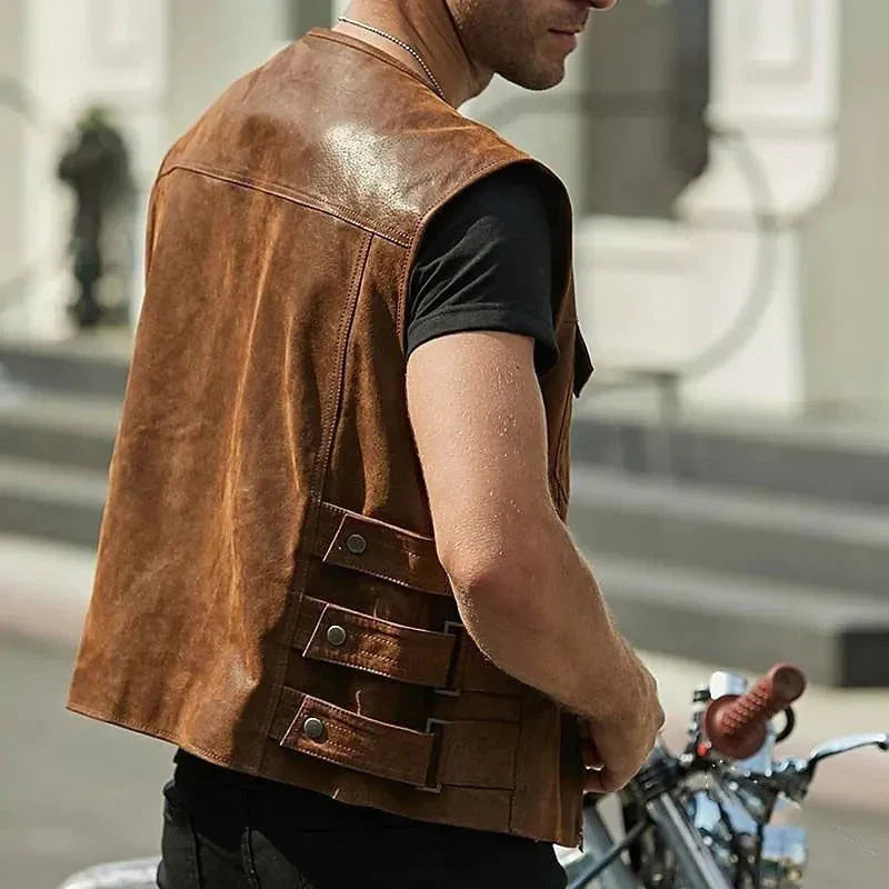 Lederweste | Ärmellos | Taschen | Sommerkleidung | Weste für Männer-Leyna Moda