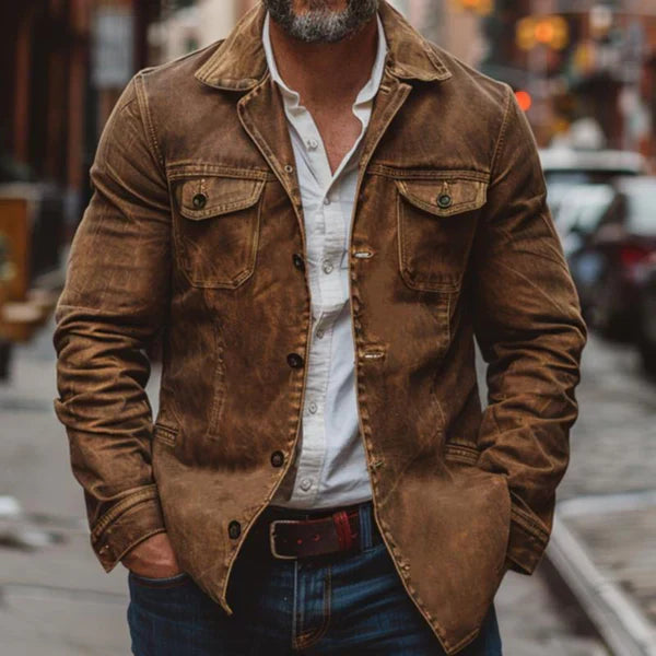 Vintage læderjakke til mænd, kraftigt vasket, med flere lommer – herre