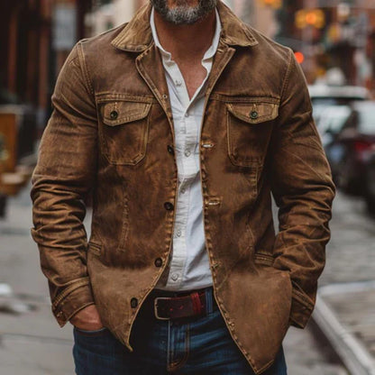 Vintage læderjakke til mænd, kraftigt vasket, med flere lommer – herre