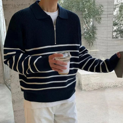 Stribet herrepullover med kvart lynlås – herrer