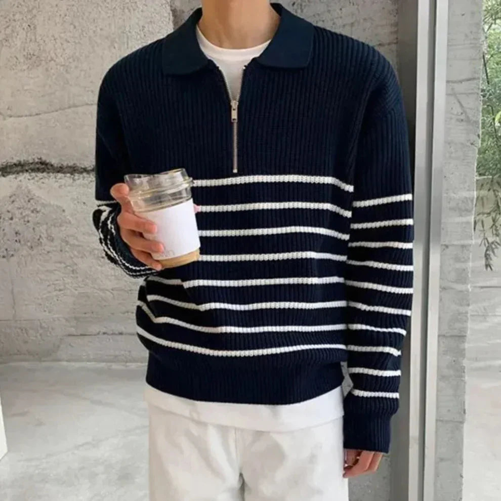 Stribet herrepullover med kvart lynlås – herrer