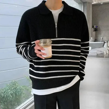 Stribet herrepullover med kvart lynlås – herrer