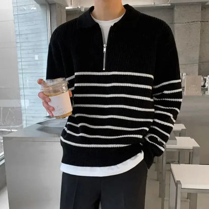 Stribet herrepullover med kvart lynlås – herrer