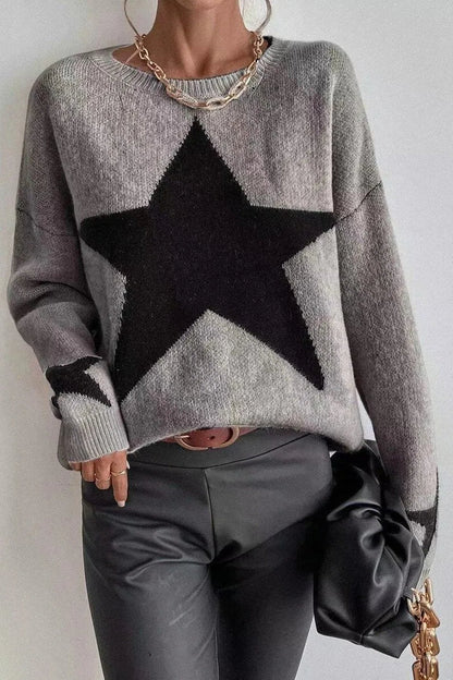 Dame vintertrøje med stjerneprint - moderigtig sweater med lange ærmer