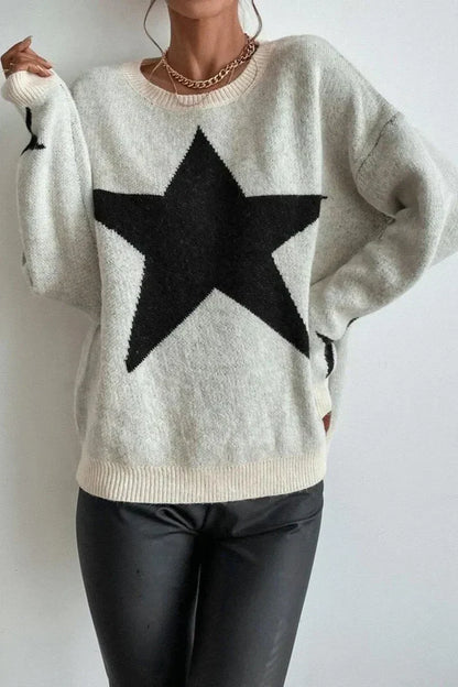Dame vintertrøje med stjerneprint - moderigtig sweater med lange ærmer