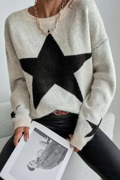 Dame vintertrøje med stjerneprint - moderigtig sweater med lange ærmer