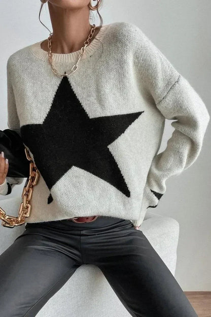 Dame vintertrøje med stjerneprint - moderigtig sweater med lange ærmer
