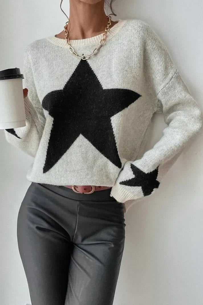 Dame vintertrøje med stjerneprint - moderigtig sweater med lange ærmer