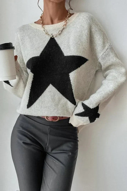 Dame vintertrøje med stjerneprint - moderigtig sweater med lange ærmer