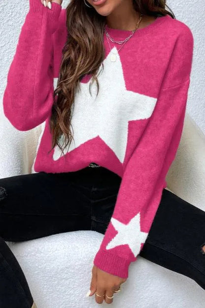 Dame vintertrøje med stjerneprint - moderigtig sweater med lange ærmer