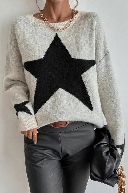 Dame vintertrøje med stjerneprint - moderigtig sweater med lange ærmer
