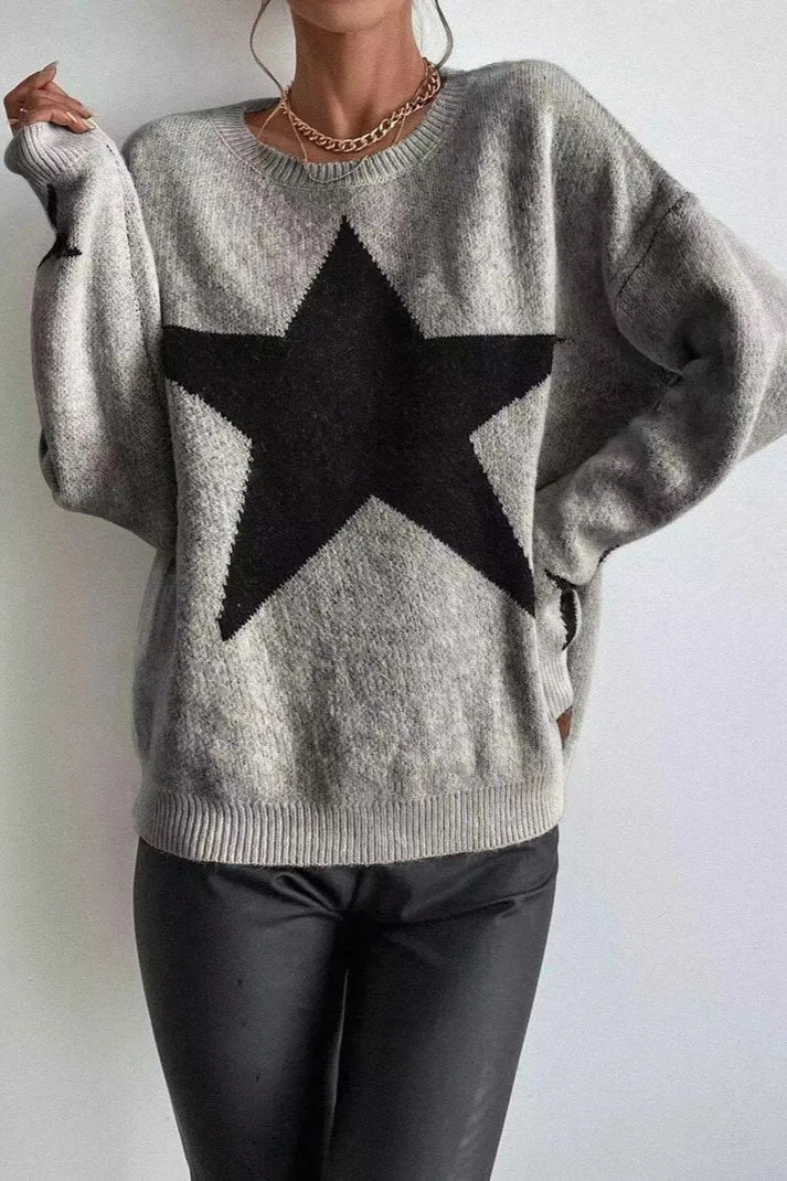 Dame vintertrøje med stjerneprint - moderigtig sweater med lange ærmer