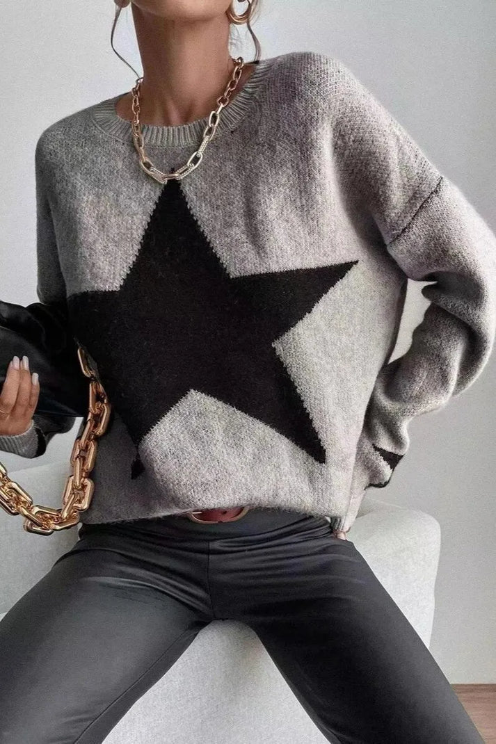 Dame vintertrøje med stjerneprint - moderigtig sweater med lange ærmer