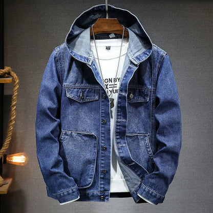 Denimjakke til mænd med hætte i vintage stil